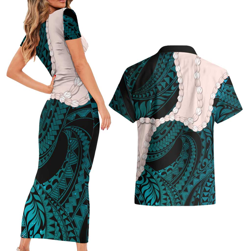 Teal Galaxy Polynesia Tribal Octopus Tattoo Couples Matching Short Sleeve Bodycon Dress and Hawaiian Shirt Pikake Lei Polynesian Pattern