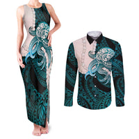 Teal Galaxy Polynesia Tribal Octopus Tattoo Couples Matching Tank Maxi Dress and Long Sleeve Button Shirt Pikake Lei Polynesian Pattern LT14 Teal - Polynesian Pride