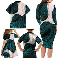 Teal Galaxy Polynesia Tribal Octopus Tattoo Family Matching Long Sleeve Bodycon Dress and Hawaiian Shirt Pikake Lei Polynesian Pattern LT14 - Polynesian Pride