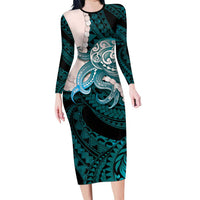 Teal Galaxy Polynesia Tribal Octopus Tattoo Family Matching Long Sleeve Bodycon Dress and Hawaiian Shirt Pikake Lei Polynesian Pattern LT14 Mom's Dress Teal - Polynesian Pride