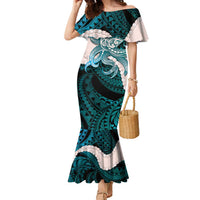 Teal Galaxy Polynesia Tribal Octopus Tattoo Family Matching Mermaid Dress and Hawaiian Shirt Pikake Lei Polynesian Pattern LT14 Mom's Dress Teal - Polynesian Pride