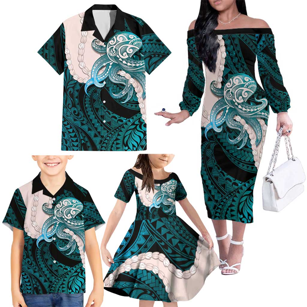 Teal Galaxy Polynesia Tribal Octopus Tattoo Family Matching Off The Shoulder Long Sleeve Dress and Hawaiian Shirt Pikake Lei Polynesian Pattern