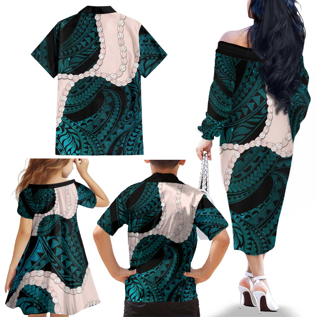Teal Galaxy Polynesia Tribal Octopus Tattoo Family Matching Off The Shoulder Long Sleeve Dress and Hawaiian Shirt Pikake Lei Polynesian Pattern LT14 - Polynesian Pride