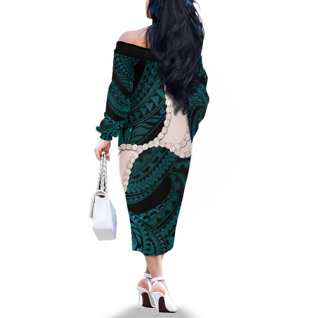 Teal Galaxy Polynesia Tribal Octopus Tattoo Family Matching Off The Shoulder Long Sleeve Dress and Hawaiian Shirt Pikake Lei Polynesian Pattern LT14 - Polynesian Pride