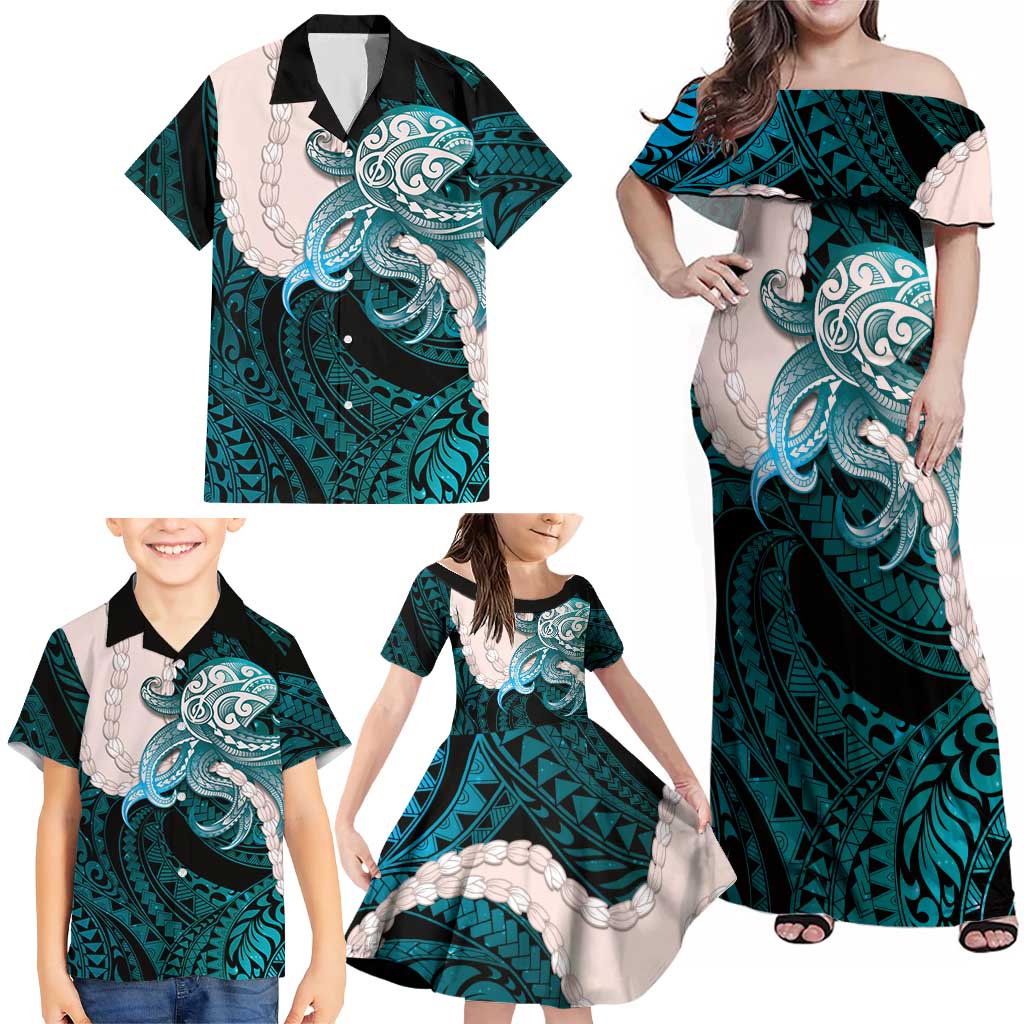 Teal Galaxy Polynesia Tribal Octopus Tattoo Family Matching Off Shoulder Maxi Dress and Hawaiian Shirt Pikake Lei Polynesian Pattern LT14 - Polynesian Pride