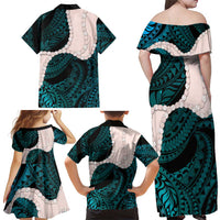 Teal Galaxy Polynesia Tribal Octopus Tattoo Family Matching Off Shoulder Maxi Dress and Hawaiian Shirt Pikake Lei Polynesian Pattern LT14 - Polynesian Pride