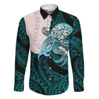 Teal Galaxy Polynesia Tribal Octopus Tattoo Family Matching Off Shoulder Maxi Dress and Hawaiian Shirt Pikake Lei Polynesian Pattern LT14 Dad's Shirt - Long Sleeve Teal - Polynesian Pride