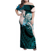 Teal Galaxy Polynesia Tribal Octopus Tattoo Family Matching Off Shoulder Maxi Dress and Hawaiian Shirt Pikake Lei Polynesian Pattern LT14 Mom's Dress Teal - Polynesian Pride