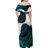 Teal Galaxy Polynesia Tribal Octopus Tattoo Family Matching Off Shoulder Maxi Dress and Hawaiian Shirt Pikake Lei Polynesian Pattern LT14 - Polynesian Pride