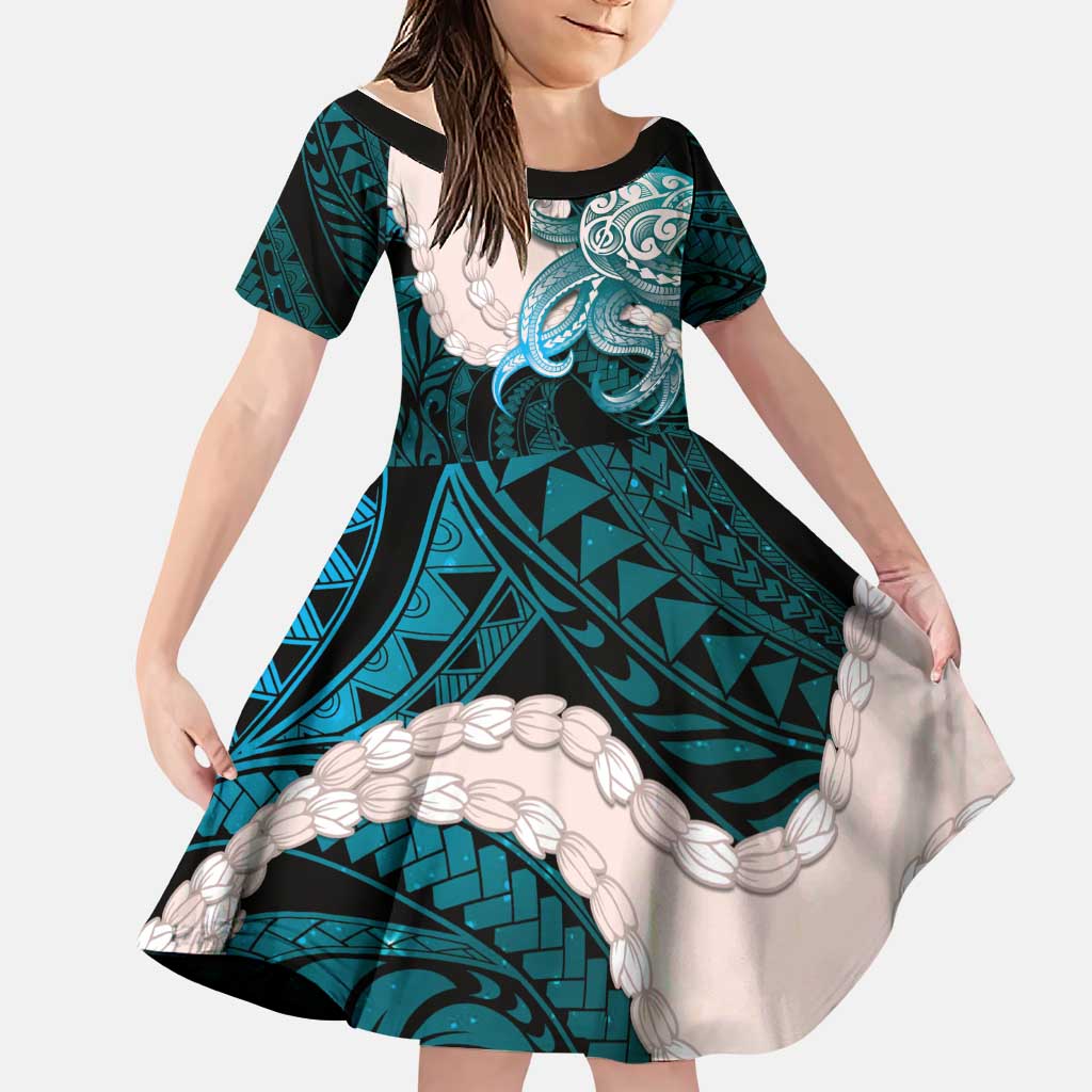 Teal Galaxy Polynesia Tribal Octopus Tattoo Family Matching Off Shoulder Short Dress and Hawaiian Shirt Pikake Lei Polynesian Pattern LT14 Daughter's Dress Teal - Polynesian Pride