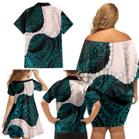 Teal Galaxy Polynesia Tribal Octopus Tattoo Family Matching Off Shoulder Short Dress and Hawaiian Shirt Pikake Lei Polynesian Pattern LT14 - Polynesian Pride