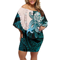 Teal Galaxy Polynesia Tribal Octopus Tattoo Family Matching Off Shoulder Short Dress and Hawaiian Shirt Pikake Lei Polynesian Pattern LT14 Mom's Dress Teal - Polynesian Pride