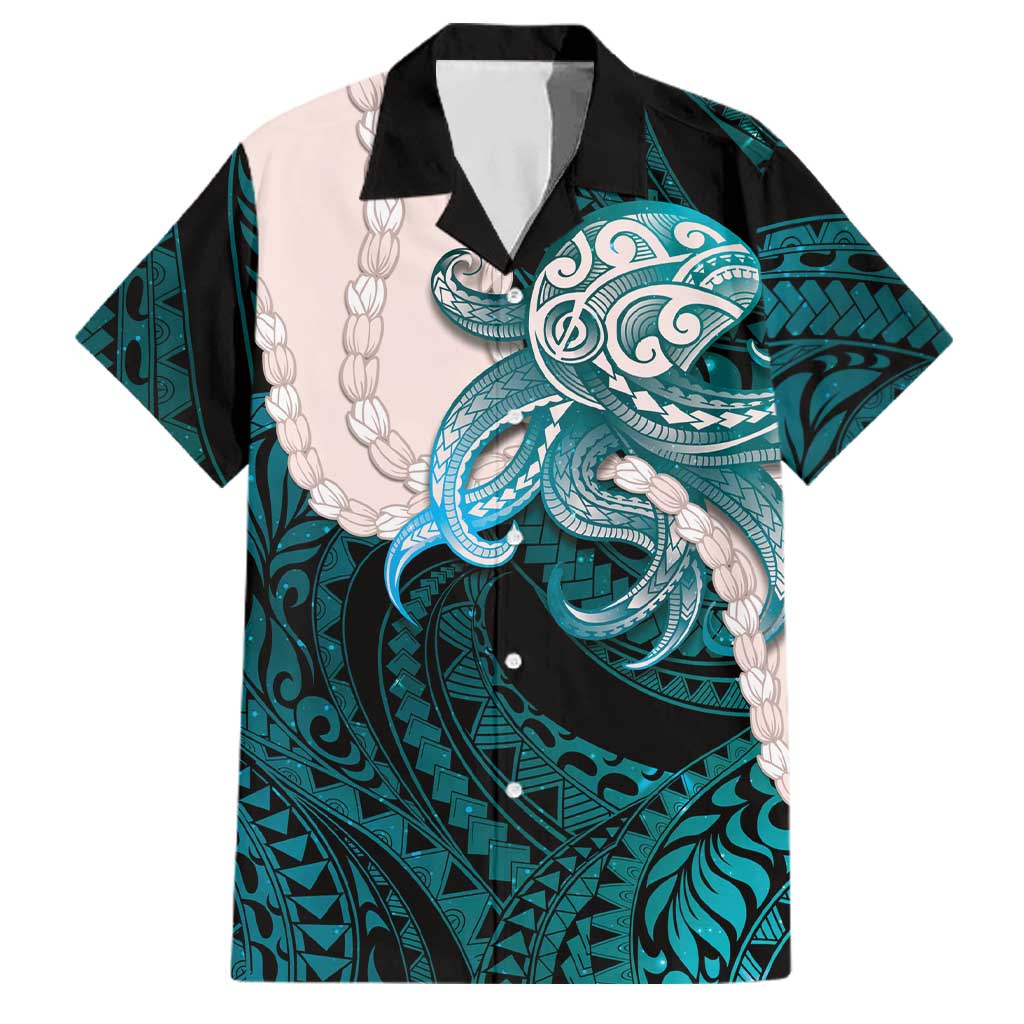 Teal Galaxy Polynesia Tribal Octopus Tattoo Family Matching Tank Maxi Dress and Hawaiian Shirt Pikake Lei Polynesian Pattern LT14 Dad's Shirt - Short Sleeve Teal - Polynesian Pride