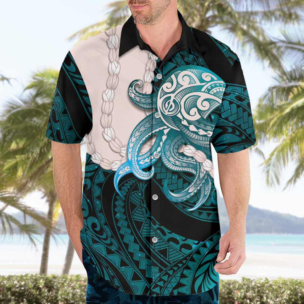 Teal Galaxy Polynesia Tribal Octopus Tattoo Hawaiian Shirt Pikake Lei Polynesian Pattern