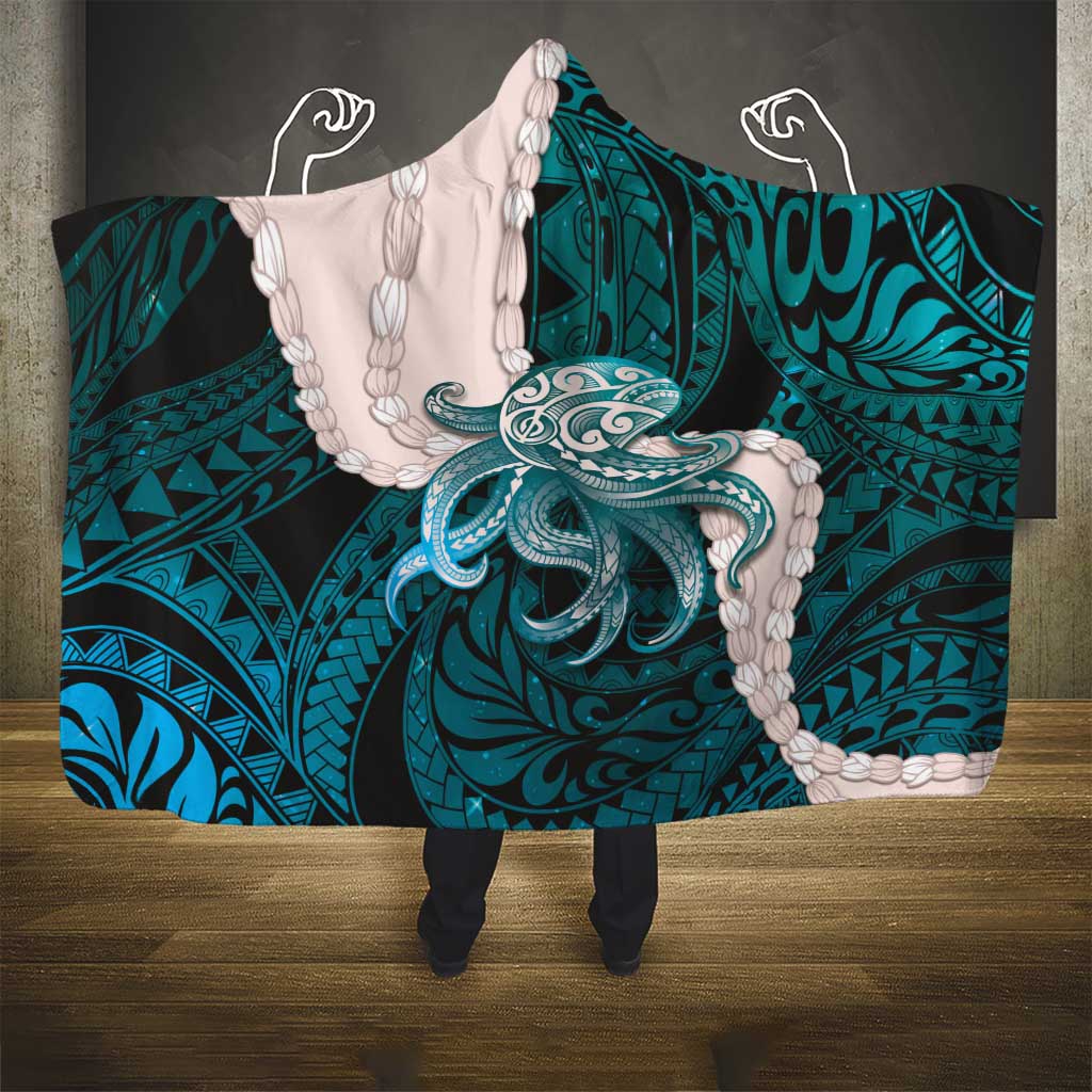 Teal Galaxy Polynesia Tribal Octopus Tattoo Hooded Blanket Pikake Lei Polynesian Pattern