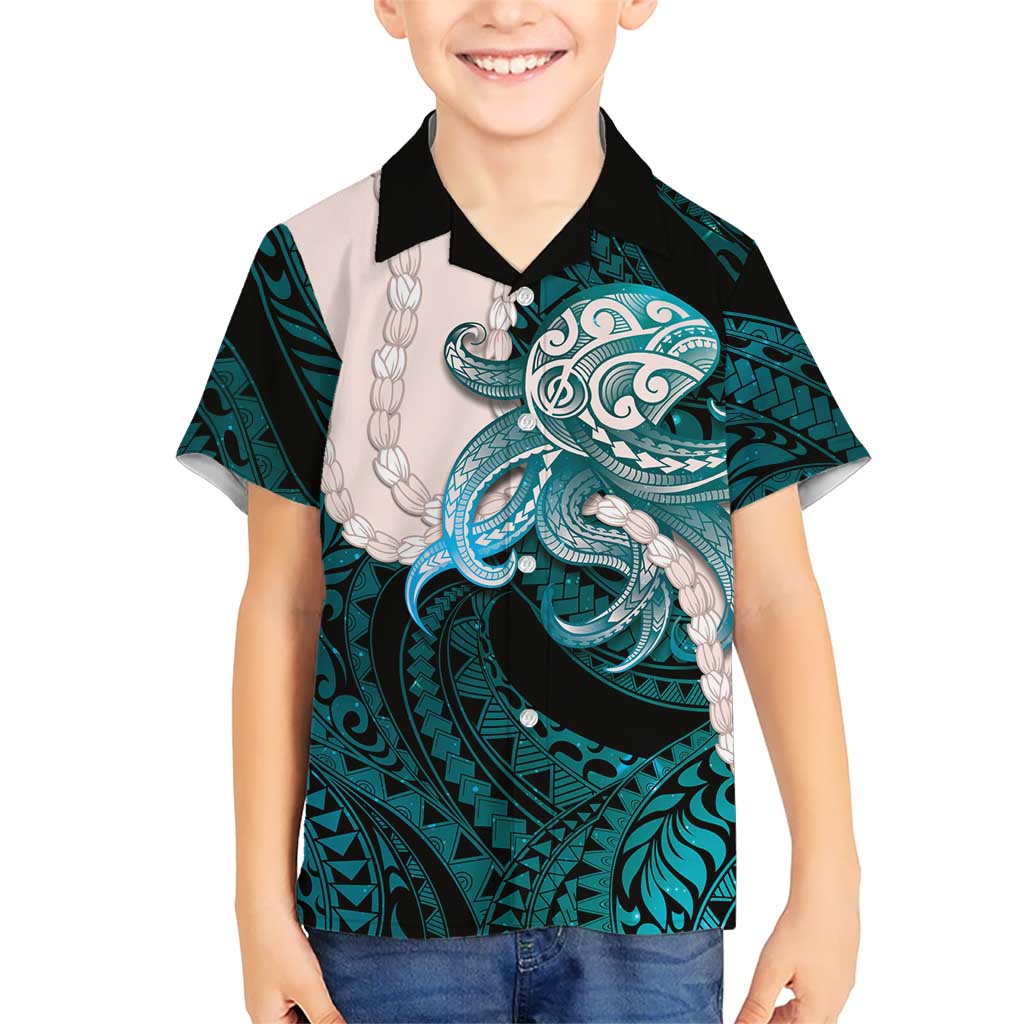 Teal Galaxy Polynesia Tribal Octopus Tattoo Kid Hawaiian Shirt Pikake Lei Polynesian Pattern LT14 Kid Teal - Polynesian Pride