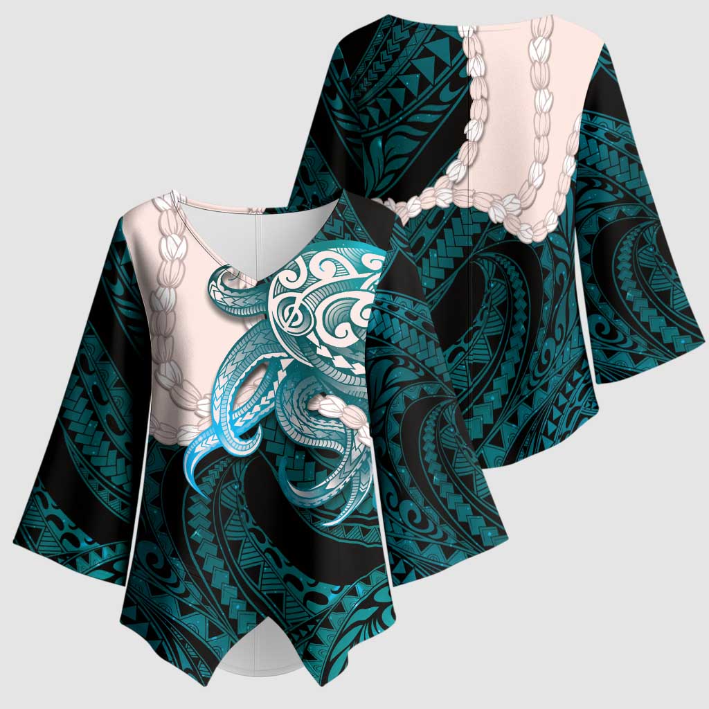 Teal Galaxy Polynesia Tribal Octopus Tattoo Kimono Sleeve Blouse Pikake Lei Polynesian Pattern LT14 - Polynesian Pride