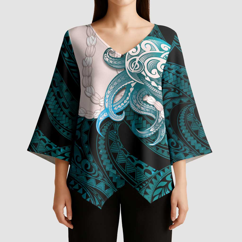 Teal Galaxy Polynesia Tribal Octopus Tattoo Kimono Sleeve Blouse Pikake Lei Polynesian Pattern LT14 - Polynesian Pride