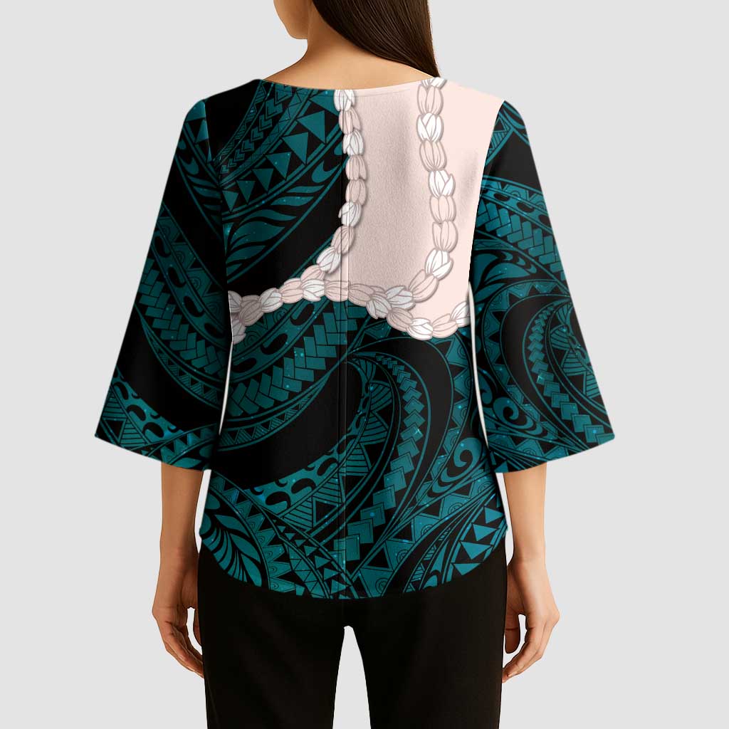 Teal Galaxy Polynesia Tribal Octopus Tattoo Kimono Sleeve Blouse Pikake Lei Polynesian Pattern LT14 - Polynesian Pride