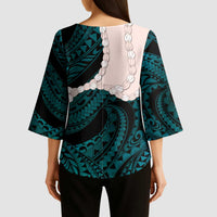 Teal Galaxy Polynesia Tribal Octopus Tattoo Kimono Sleeve Blouse Pikake Lei Polynesian Pattern LT14 - Polynesian Pride
