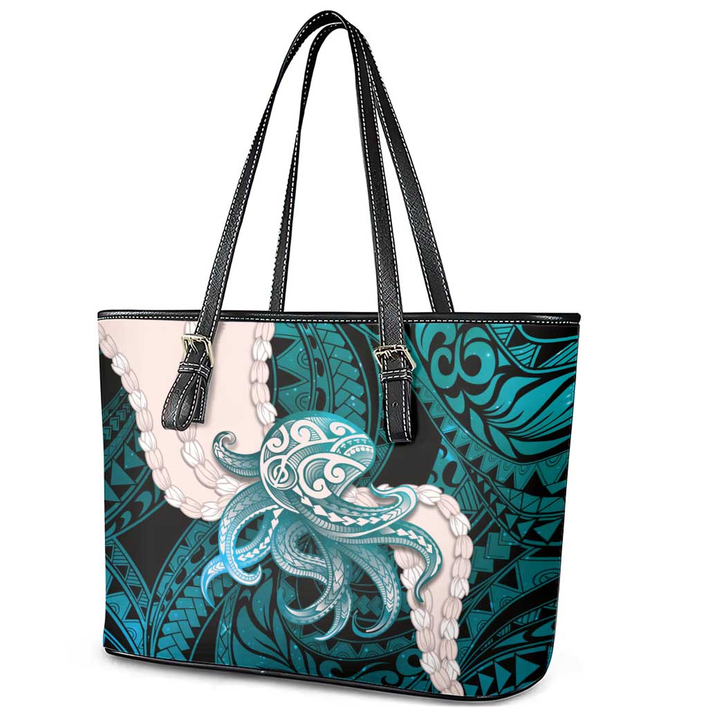 Teal Galaxy Polynesia Tribal Octopus Tattoo Leather Tote Bag Pikake Lei Polynesian Pattern