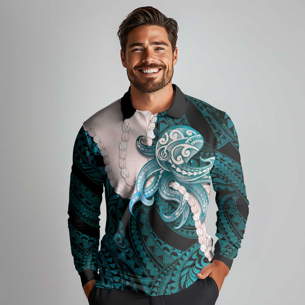 Teal Galaxy Polynesia Tribal Octopus Tattoo Long Sleeve Polo Shirt Pikake Lei Polynesian Pattern