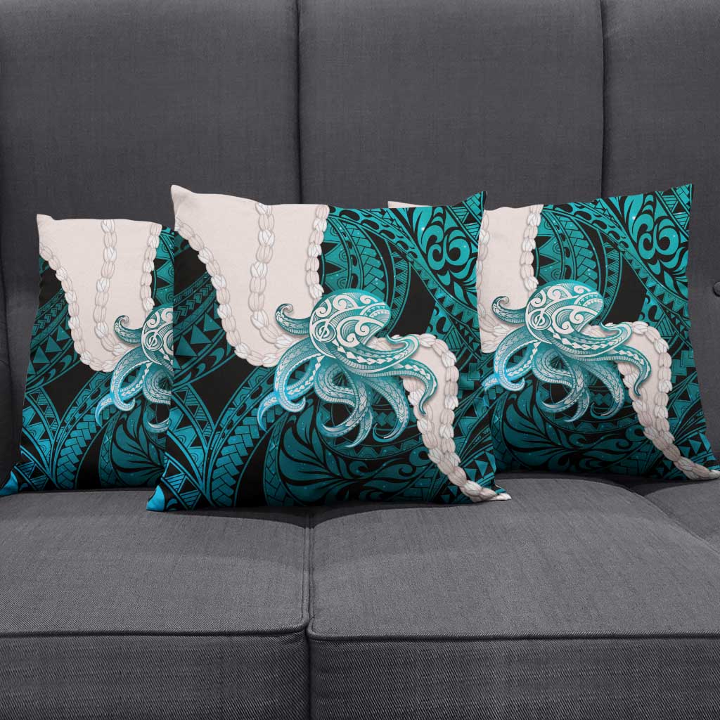Teal Galaxy Polynesia Tribal Octopus Tattoo Pillow Cover Pikake Lei Polynesian Pattern