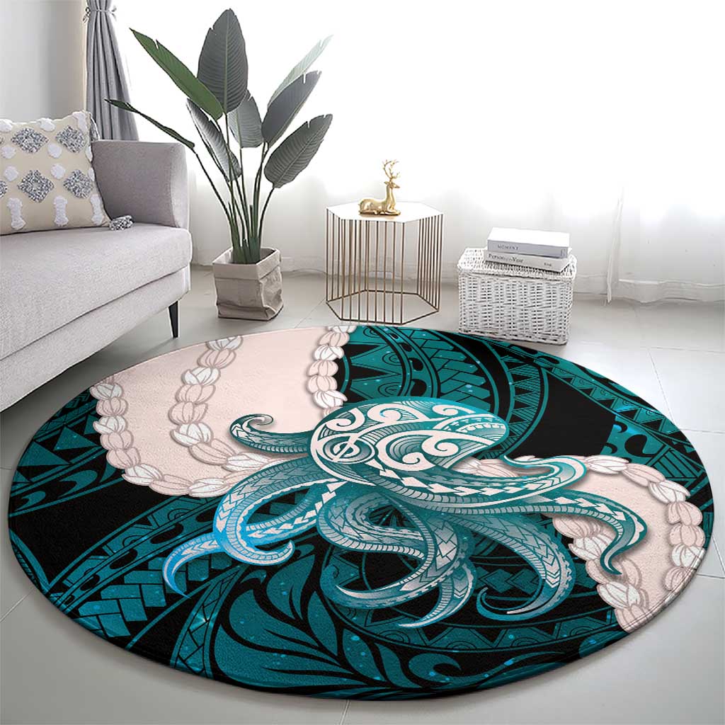 Teal Galaxy Polynesia Tribal Octopus Tattoo Round Carpet Pikake Lei Polynesian Pattern