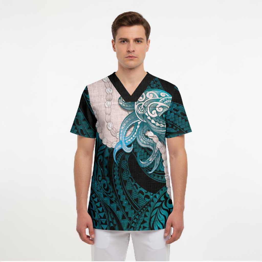 Teal Galaxy Polynesia Tribal Octopus Tattoo Scrub Top Pikake Lei Polynesian Pattern