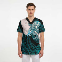Teal Galaxy Polynesia Tribal Octopus Tattoo Scrub Top Pikake Lei Polynesian Pattern
