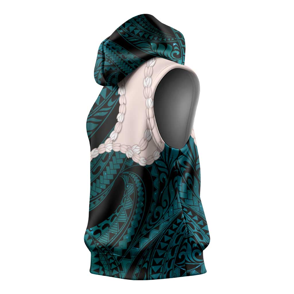 Teal Galaxy Polynesia Tribal Octopus Tattoo Sleeveless Hoodie Pikake Lei Polynesian Pattern