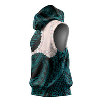 Teal Galaxy Polynesia Tribal Octopus Tattoo Sleeveless Hoodie Pikake Lei Polynesian Pattern