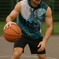 Teal Galaxy Polynesia Tribal Octopus Tattoo Sleeveless Hoodie Pikake Lei Polynesian Pattern
