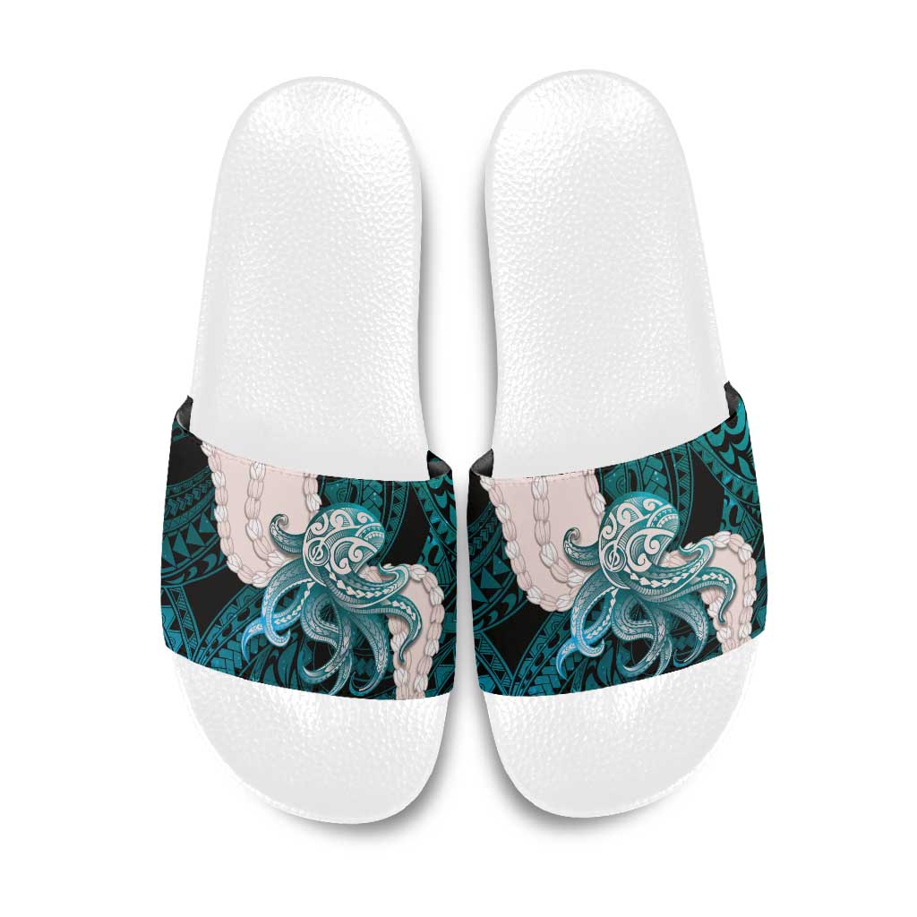 Teal Galaxy Polynesia Tribal Octopus Tattoo Slide Sandals Pikake Lei Polynesian Pattern