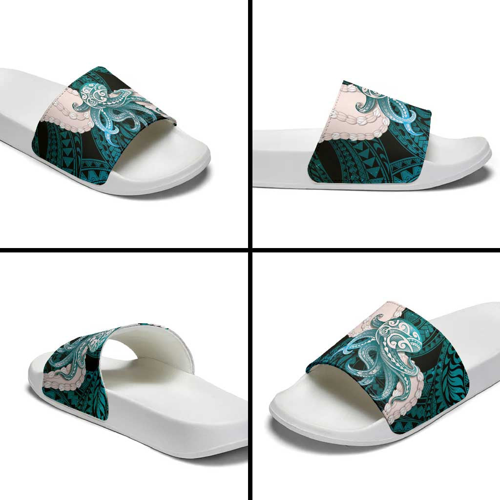 Teal Galaxy Polynesia Tribal Octopus Tattoo Slide Sandals Pikake Lei Polynesian Pattern
