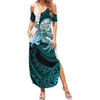 Teal Galaxy Polynesia Tribal Octopus Tattoo Summer Maxi Dress Pikake Lei Polynesian Pattern LT14 Women Teal - Polynesian Pride