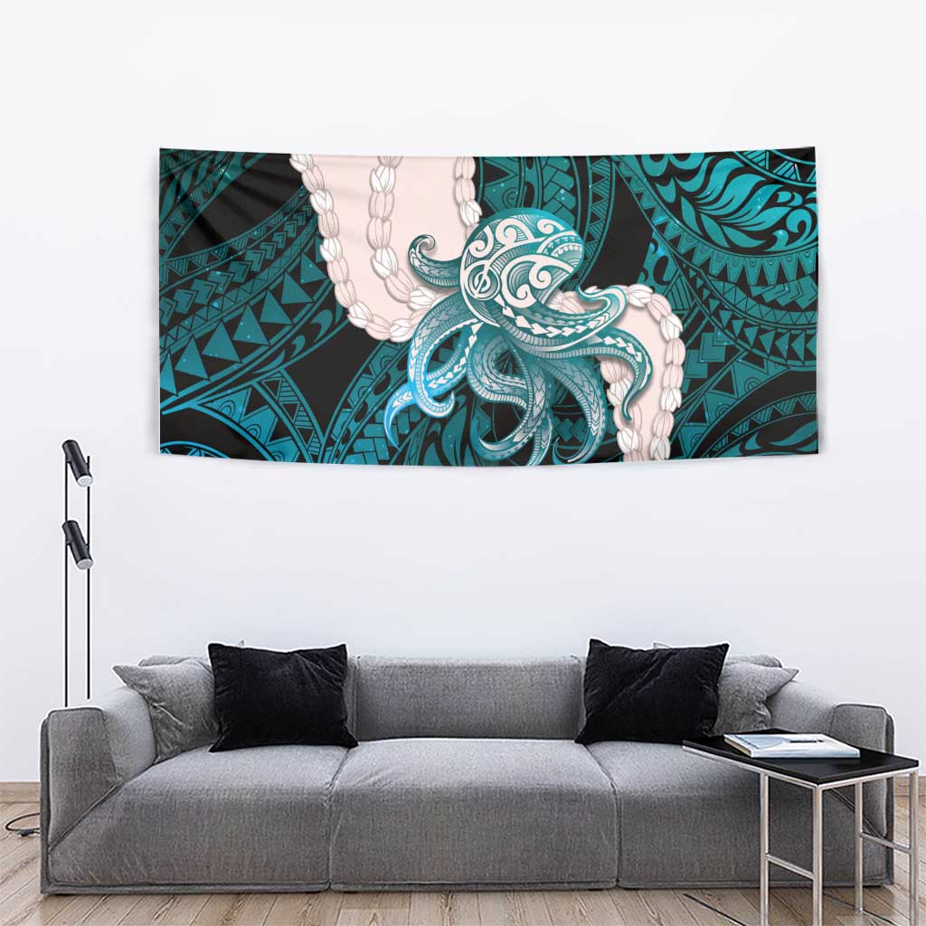 Teal Galaxy Polynesia Tribal Octopus Tattoo Tapestry Pikake Lei Polynesian Pattern