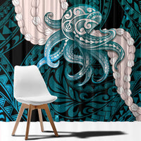 Teal Galaxy Polynesia Tribal Octopus Tattoo Window Curtain Pikake Lei Polynesian Pattern