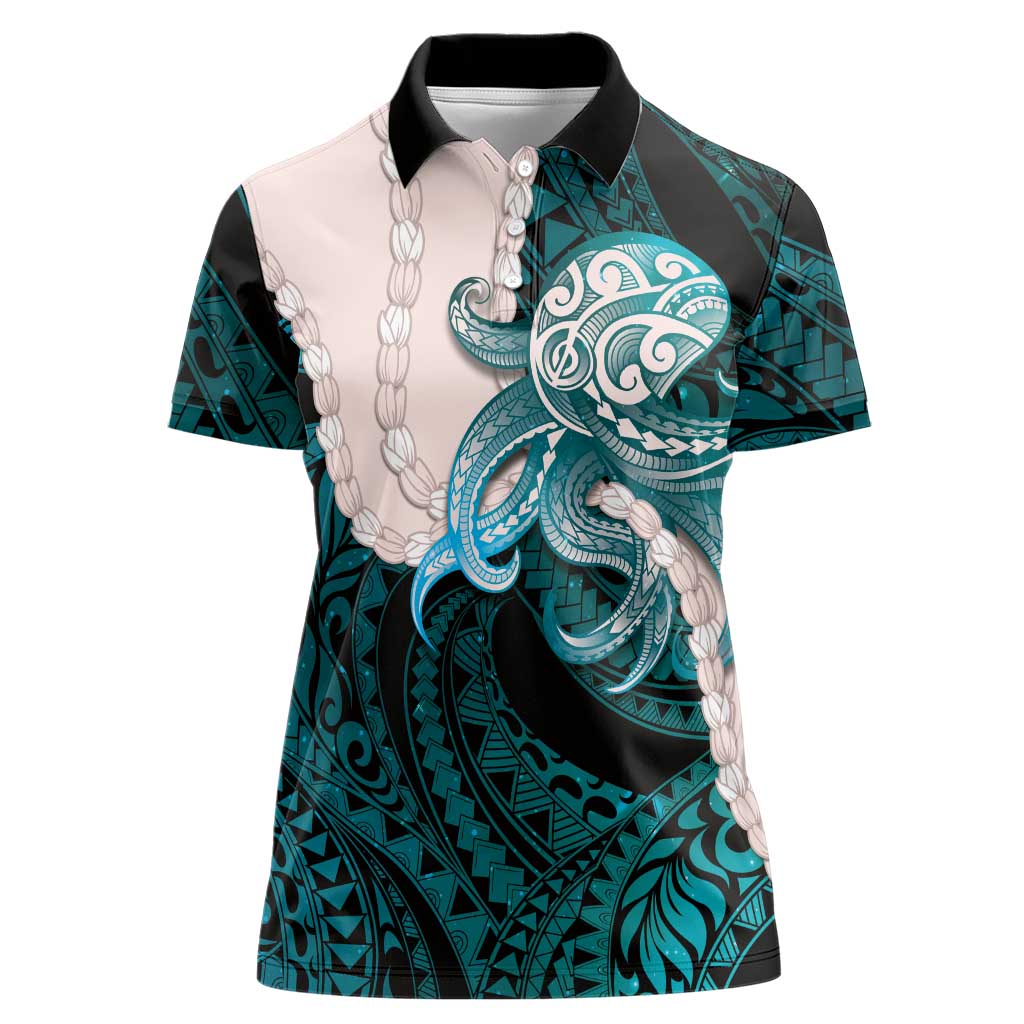 Teal Galaxy Polynesia Tribal Octopus Tattoo Women Polo Shirt Pikake Lei Polynesian Pattern