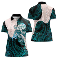 Teal Galaxy Polynesia Tribal Octopus Tattoo Women Polo Shirt Pikake Lei Polynesian Pattern
