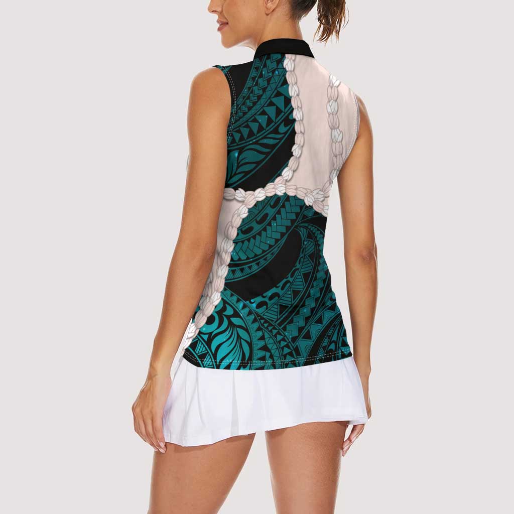 Teal Galaxy Polynesia Tribal Octopus Tattoo Women Sleeveless Polo Shirt Pikake Lei Polynesian Pattern