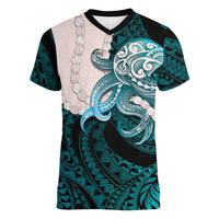 Teal Galaxy Polynesia Tribal Octopus Tattoo Women V-Neck T-Shirt Pikake Lei Polynesian Pattern LT14 Female Teal - Polynesian Pride