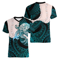 Teal Galaxy Polynesia Tribal Octopus Tattoo Women V-Neck T-Shirt Pikake Lei Polynesian Pattern LT14 - Polynesian Pride