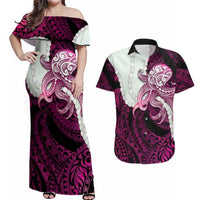 Pink Galaxy Polynesia Tribal Octopus Tattoo Couples Matching Off Shoulder Maxi Dress and Hawaiian Shirt Pikake Lei Polynesian Pattern