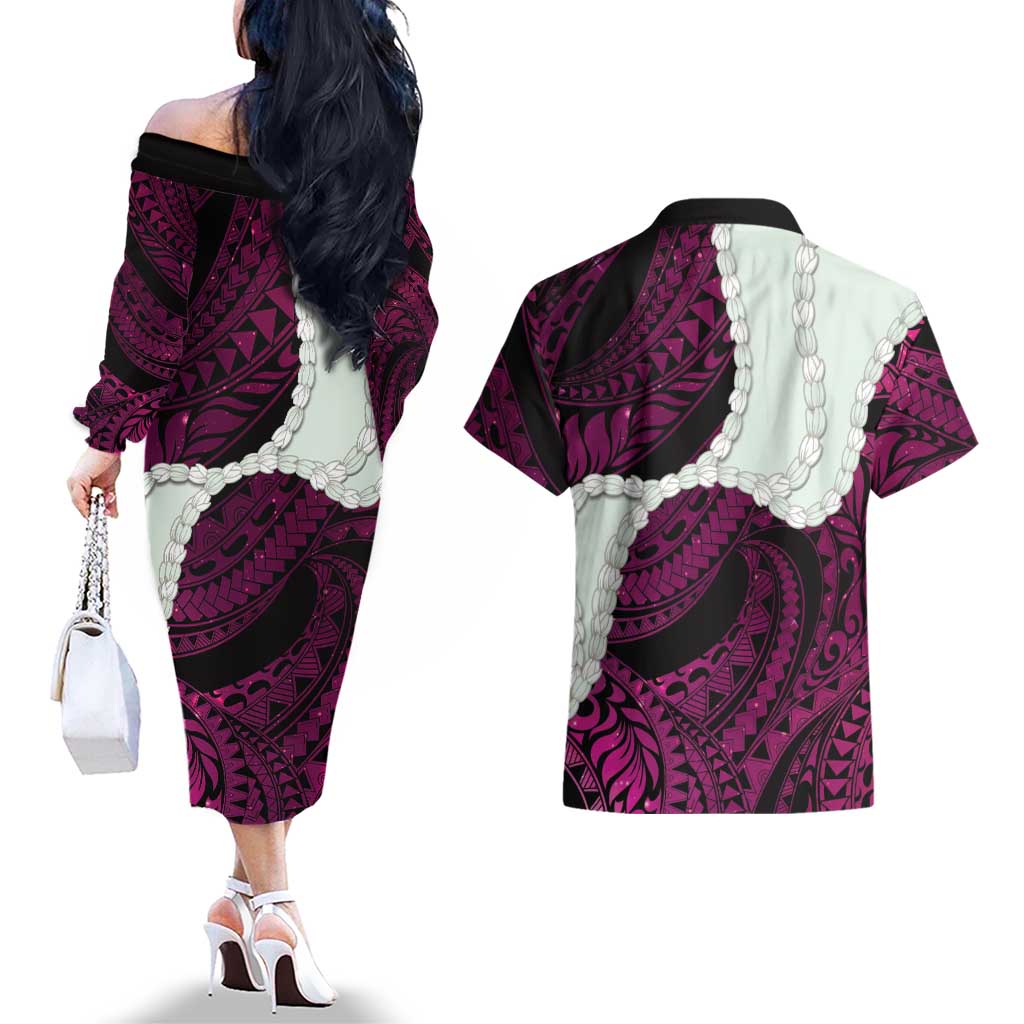Pink Galaxy Polynesia Tribal Octopus Tattoo Couples Matching Off The Shoulder Long Sleeve Dress and Hawaiian Shirt Pikake Lei Polynesian Pattern LT14 - Polynesian Pride