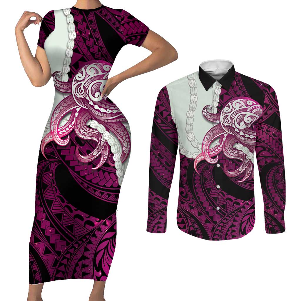 Pink Galaxy Polynesia Tribal Octopus Tattoo Couples Matching Short Sleeve Bodycon Dress and Long Sleeve Button Shirt Pikake Lei Polynesian Pattern