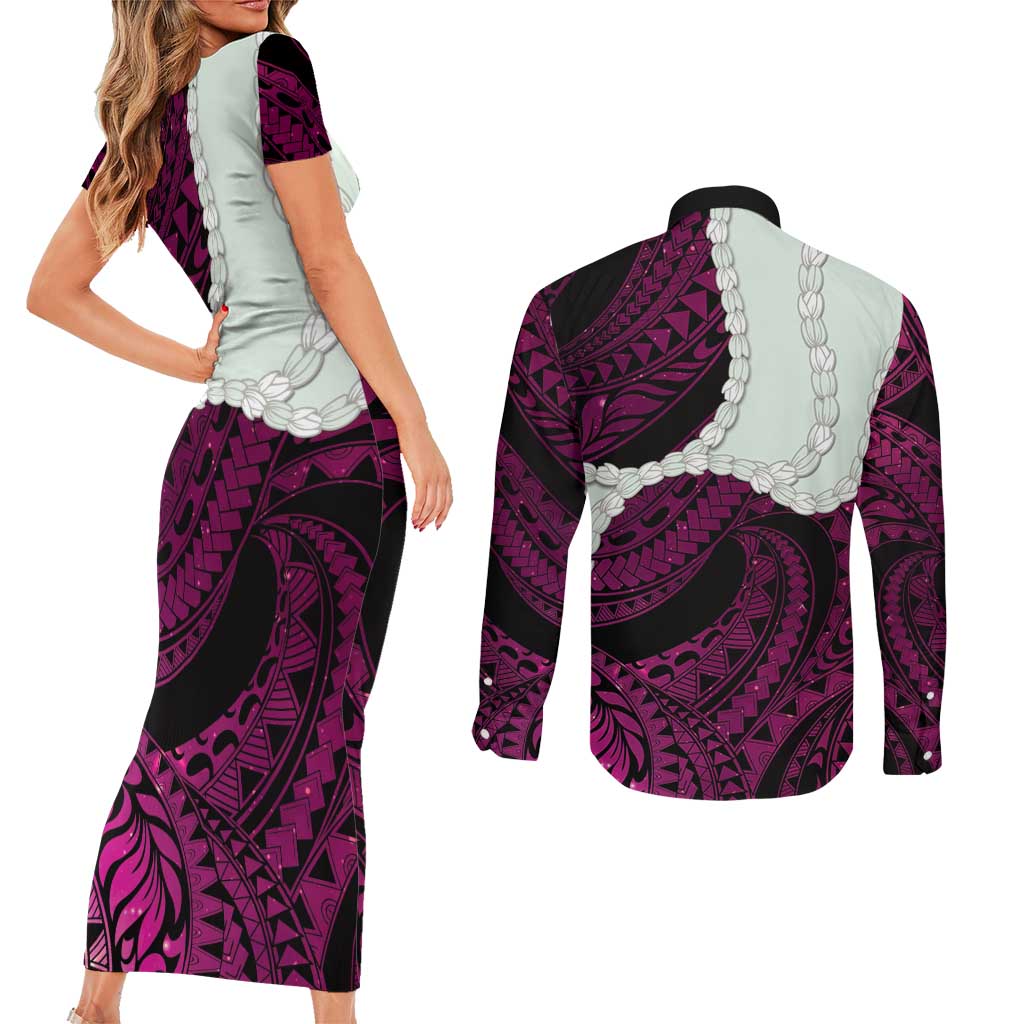 Pink Galaxy Polynesia Tribal Octopus Tattoo Couples Matching Short Sleeve Bodycon Dress and Long Sleeve Button Shirt Pikake Lei Polynesian Pattern