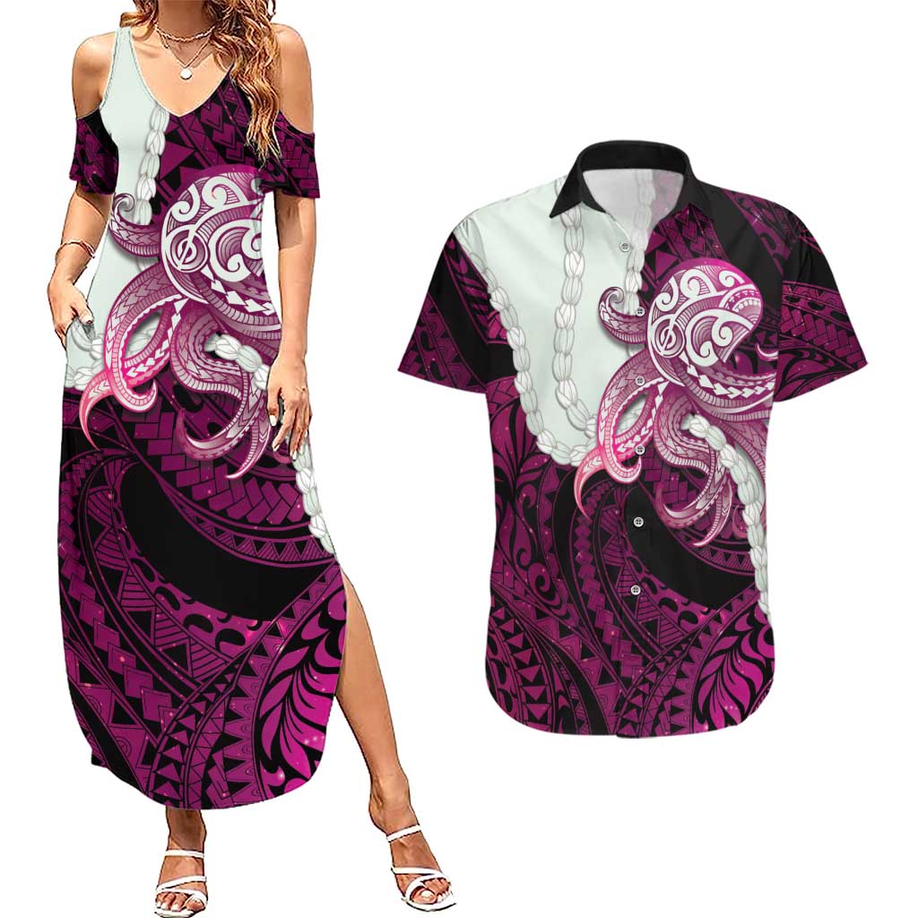 Pink Galaxy Polynesia Tribal Octopus Tattoo Couples Matching Summer Maxi Dress and Hawaiian Shirt Pikake Lei Polynesian Pattern