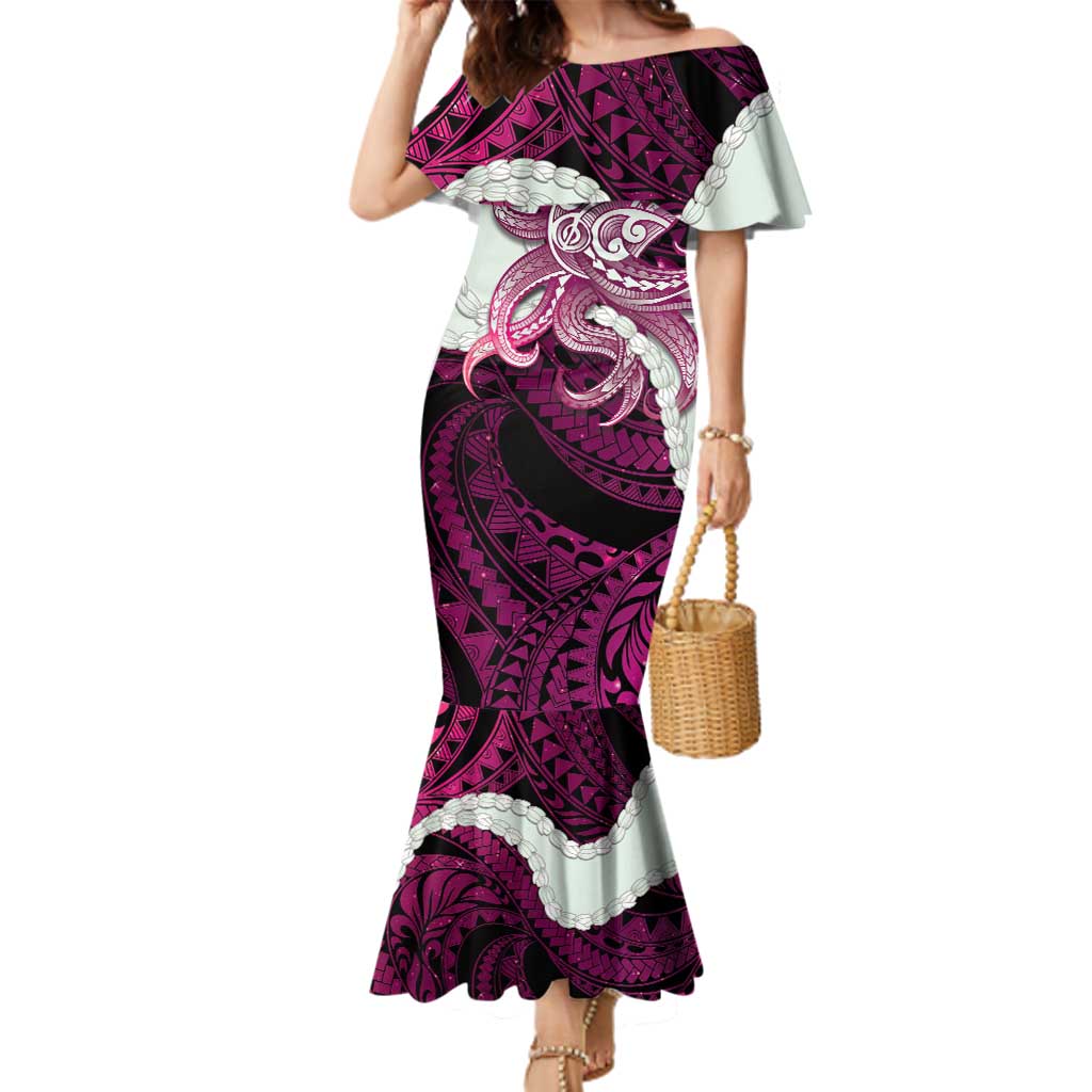 Pink Galaxy Polynesia Tribal Octopus Tattoo Family Matching Mermaid Dress and Hawaiian Shirt Pikake Lei Polynesian Pattern LT14 Mom's Dress Pink - Polynesian Pride