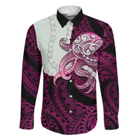 Pink Galaxy Polynesia Tribal Octopus Tattoo Family Matching Off The Shoulder Long Sleeve Dress and Hawaiian Shirt Pikake Lei Polynesian Pattern LT14 Dad's Shirt - Long Sleeve Pink - Polynesian Pride